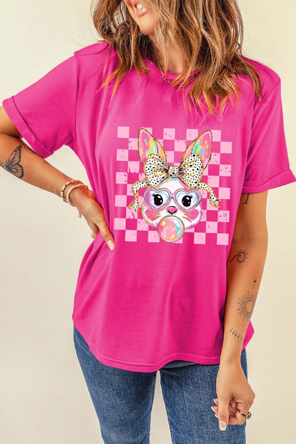 Rabbit Graphic Round Neck Short Sleeve T-Shirt