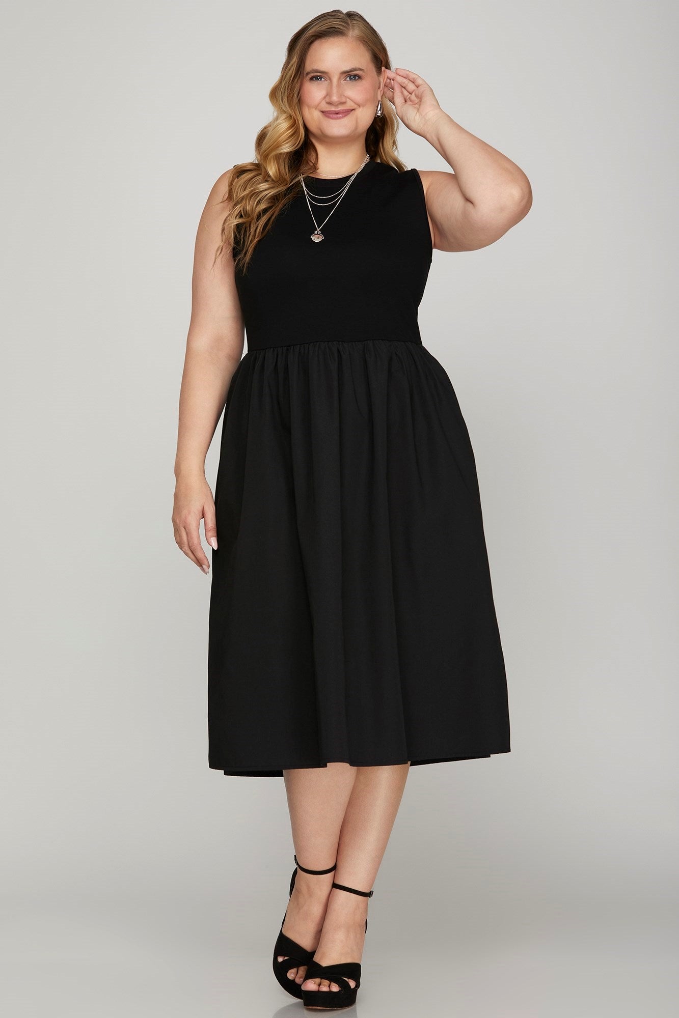 She + Sky Full Size Sleeveless Poplin Woven Midi Dress with Pockets Plus Size - Clothes For Her Online Store