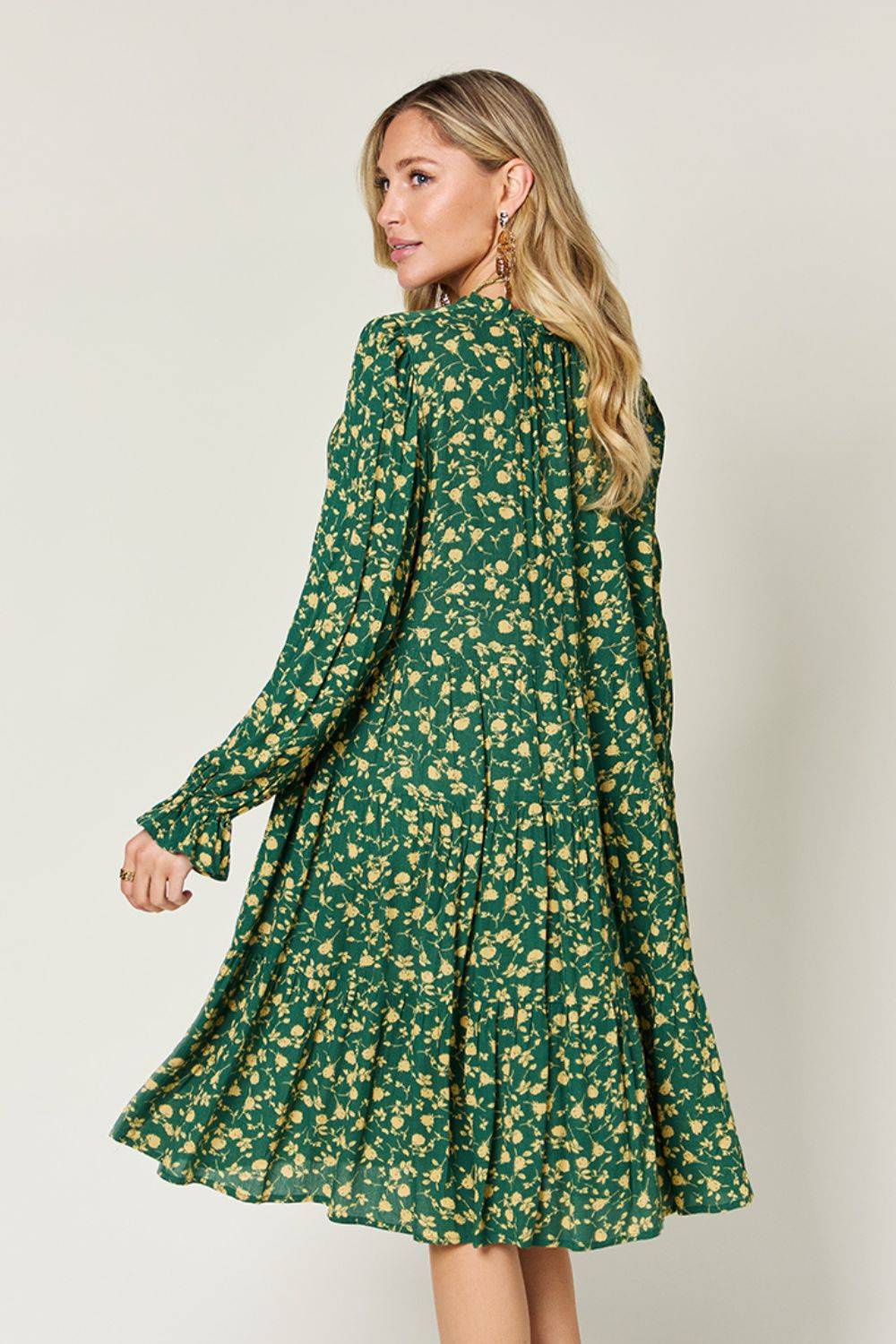Double Take Full Size Printed Ruffle Hem Long Sleeve Tiered Dress - Clothes For Her Online Store