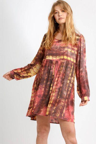 Umgee Full Size Tie Dye Long Sleeve Babydoll Dress with Keyhole Plus Size