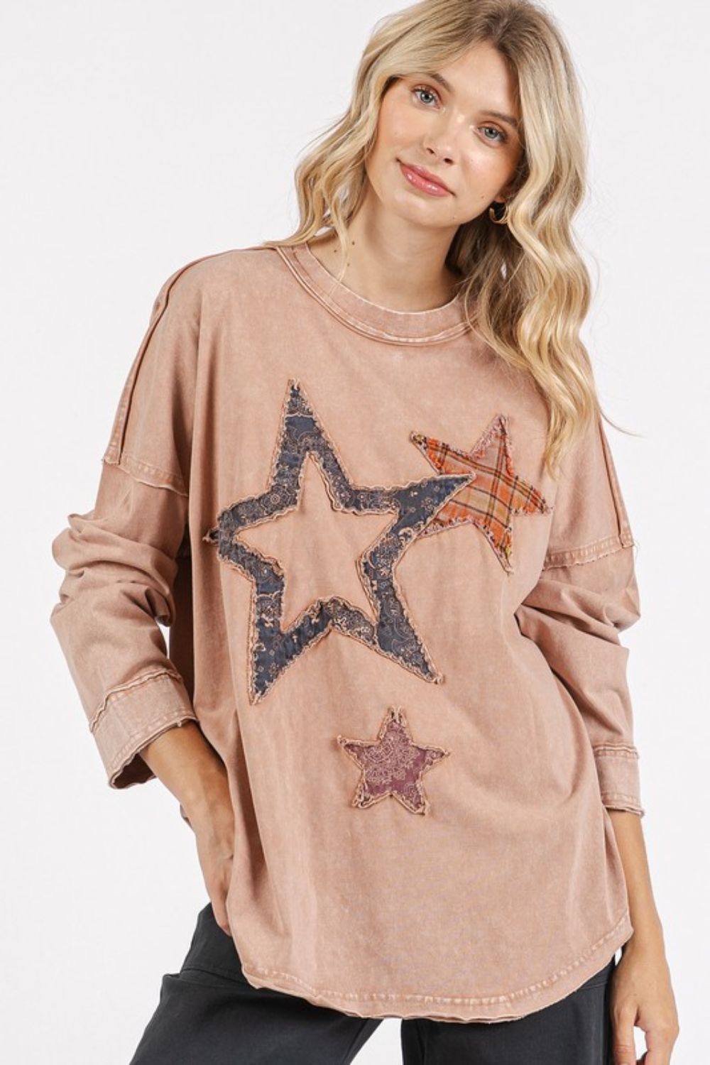 Mittoshop Mineral Wash Star Patch Long Sleeve T-Shirt - Clothes For Her Online Store