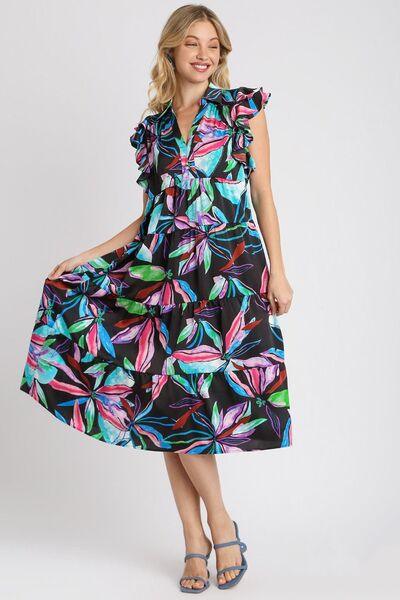 Umgee Full Size Leaf Print Double Layered Ruffle Sleeve Tiered Midi Dress Plus Size