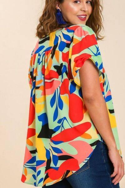 Umgee Full Size Short Sleeved Abstract Print Top Plus Size