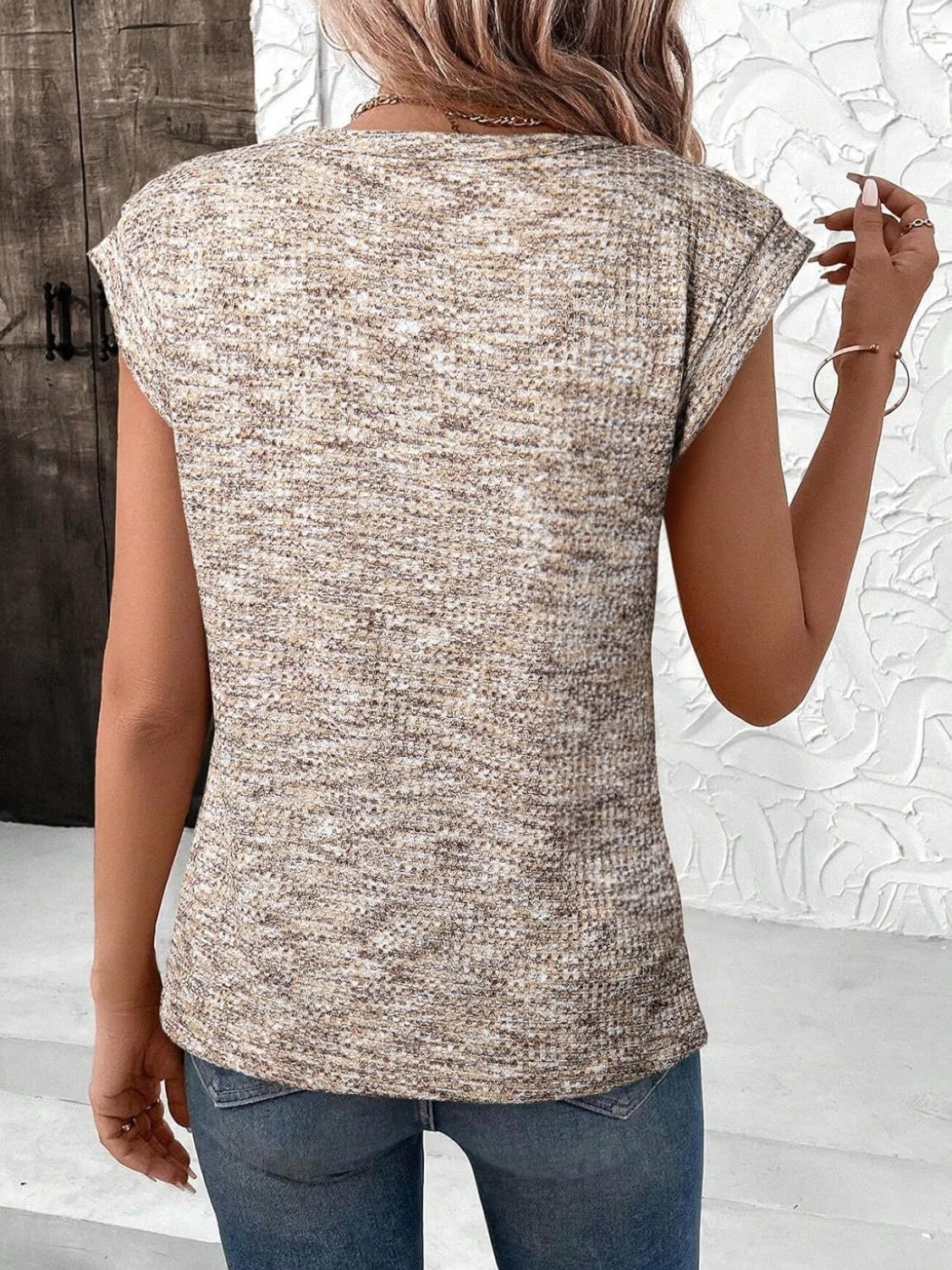 Heathered Round Neck Cap Sleeve T-Shirt