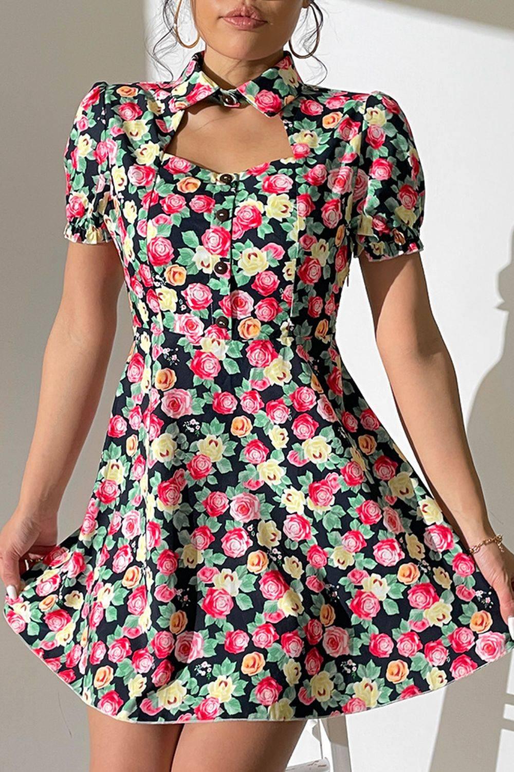 Shiny Floral Buttoned Cutout Puff Sleeve Dress