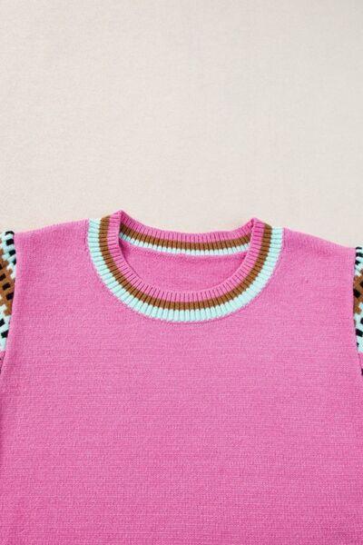 Contrast Short Sleeves Round Neck Sweater