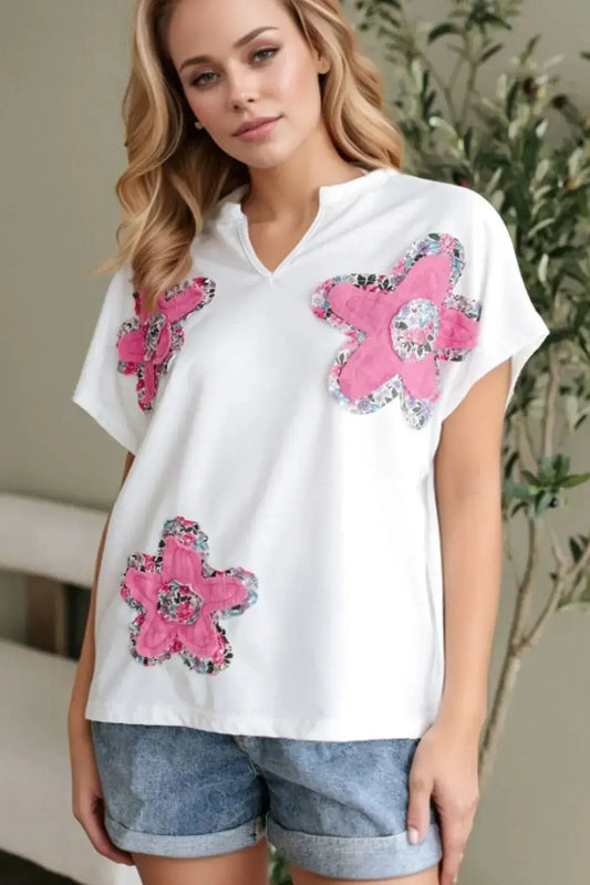 Floral Applique Notched Dolman Sleeve Top - Clothes For Her Online Store