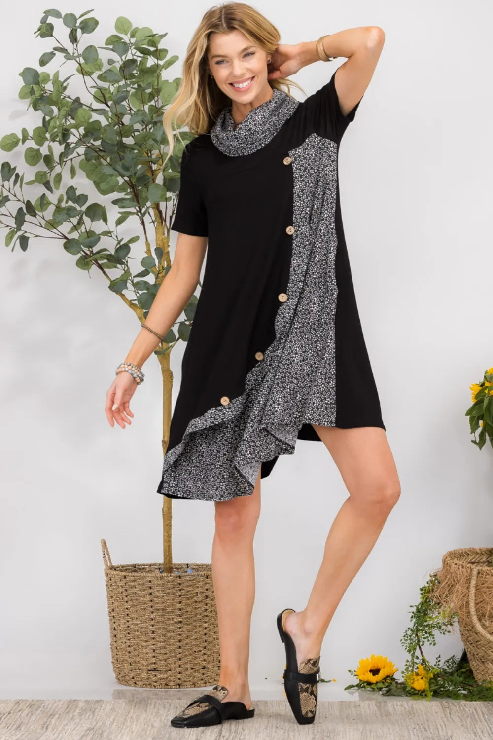 Celeste Full Size Decor Button Short Sleeve Dress with Pockets Plus Size