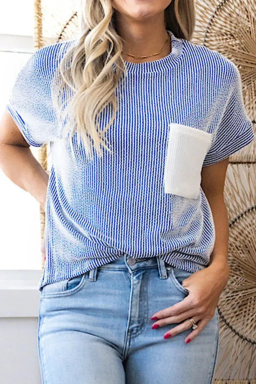 Corded Knit Color Block Pocketed Crew Neck T Shirt - Clothes For Her Online Store