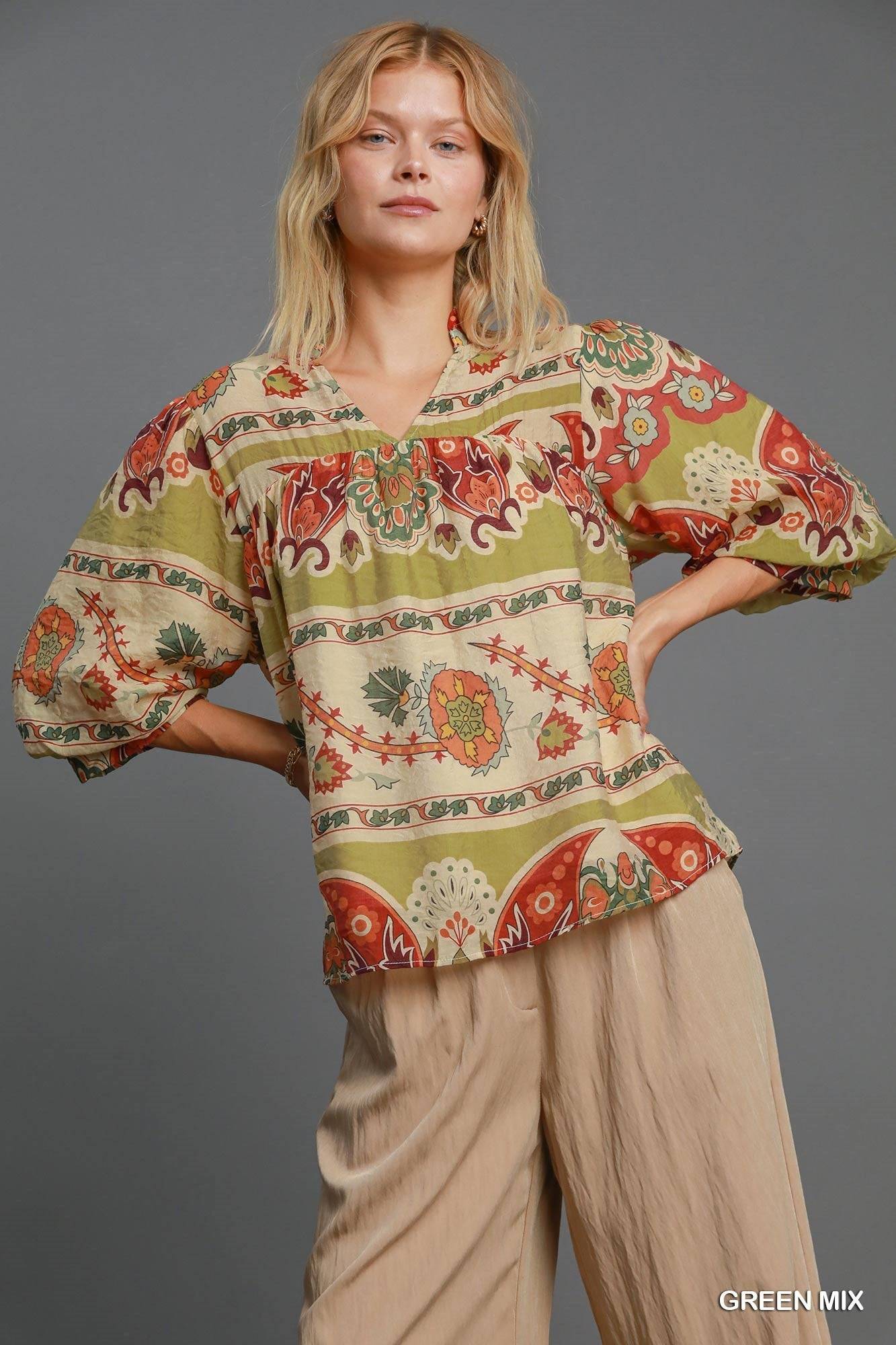 Umgee Full Size Border Print Notched 3/4 Puff Sleeve Blouse Plus Size - Clothes For Her Online Store