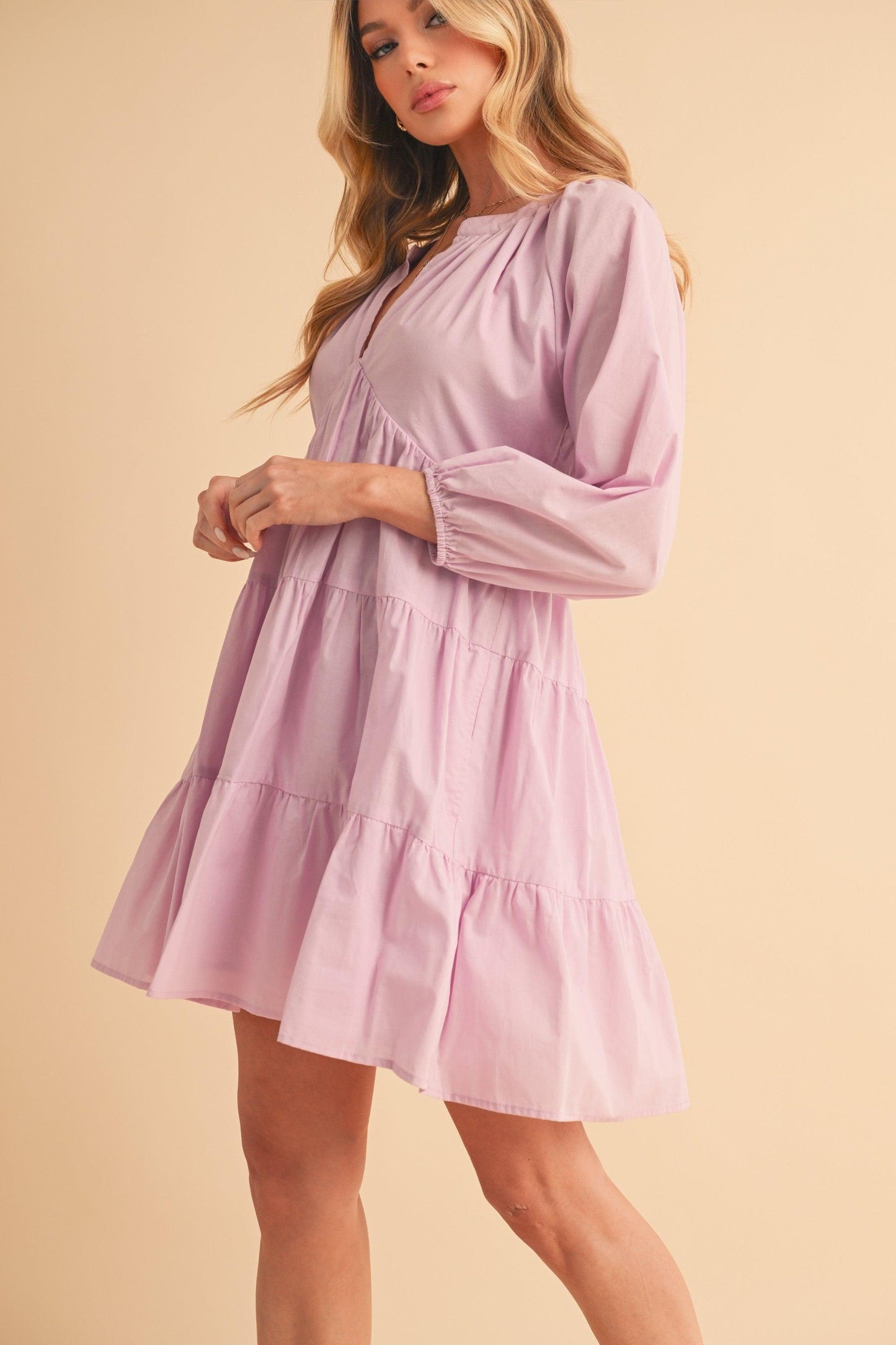 Aemi + Co Notched Balloon Sleeve Tiered Mini Dress