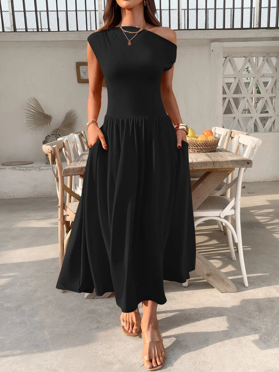 Single Shoulder Dress with Pockets