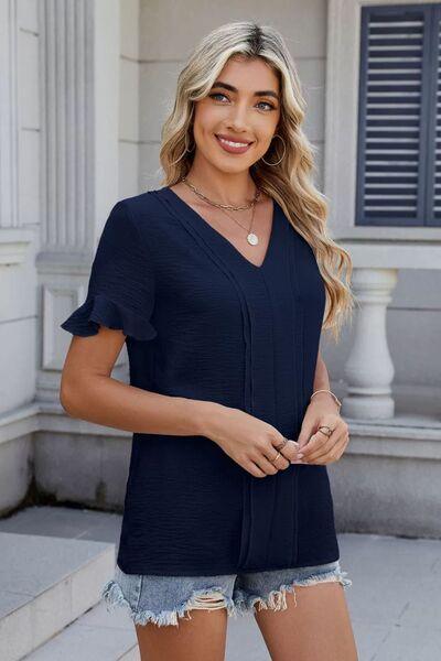 Ruffled V-Neck Short Sleeve Blouse - Clothes For Her Online Store