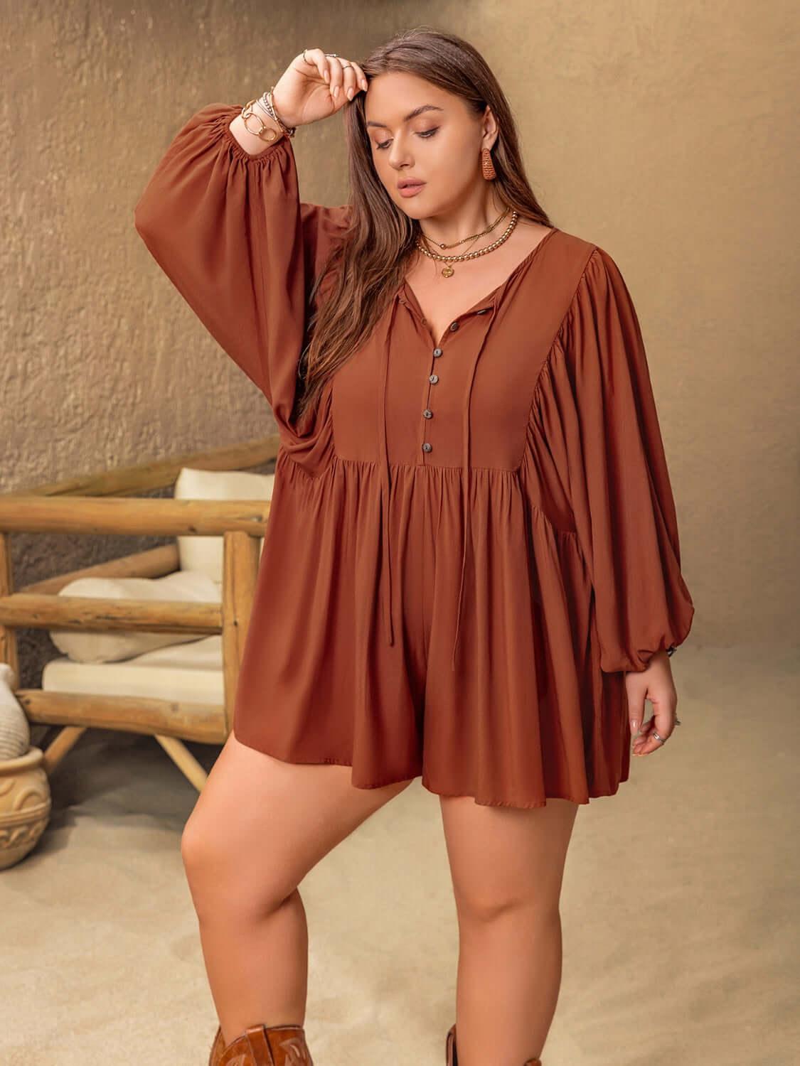 Plus Size Ruched Tie Neck Balloon Sleeve Romper - Clothes For Her Online Store