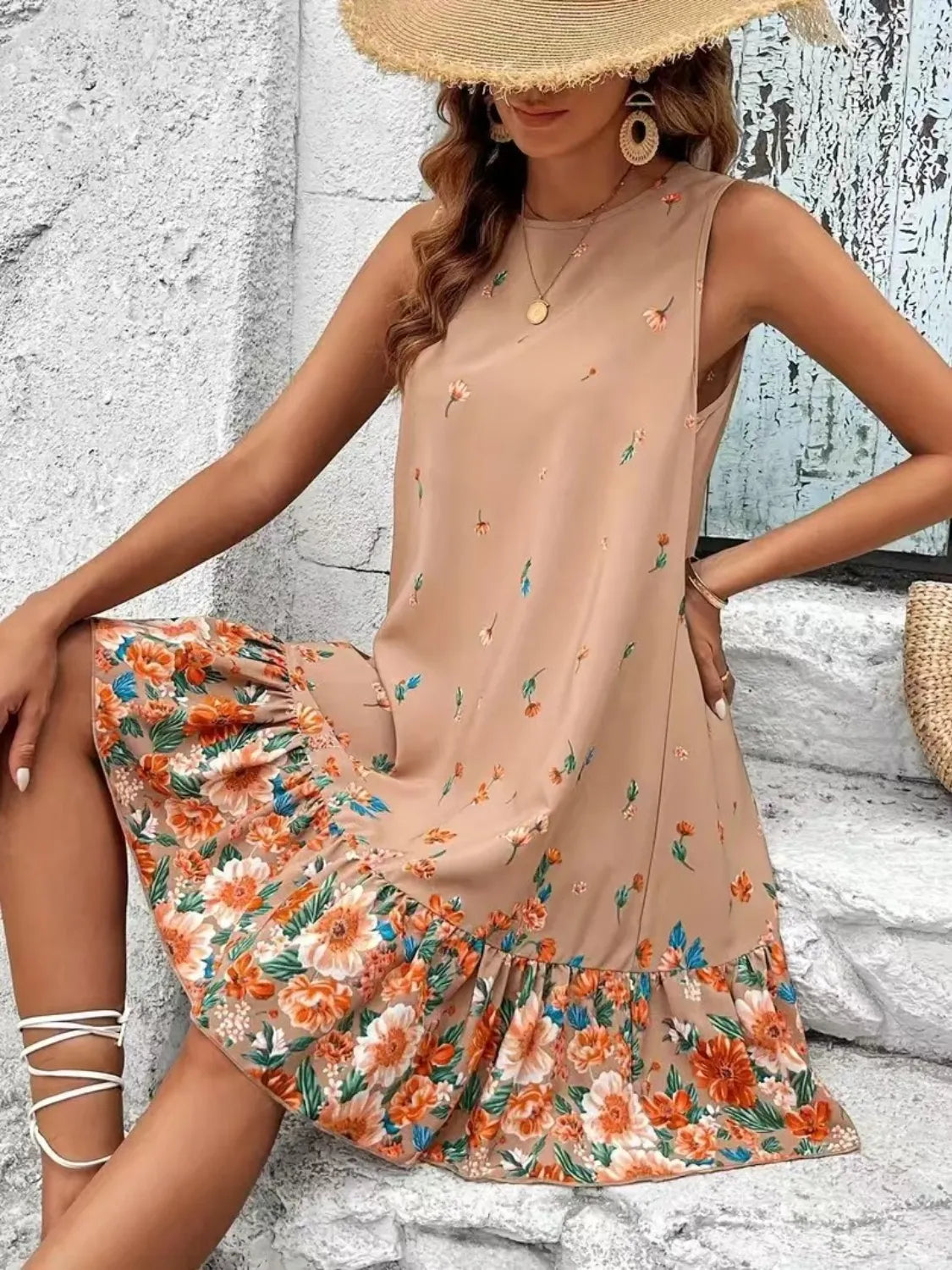 Ruffled Hem Floral Sleeveless Mini Tank Dress
