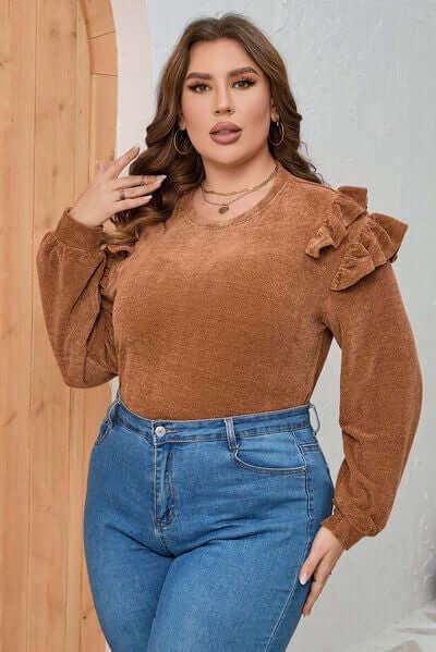 Plus Size Ruffled Round Neck Long Sleeve T-Shirt - Clothes For Her Online Store