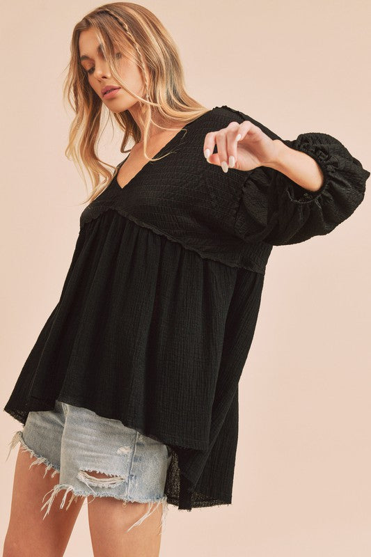 Aemi + Co High-Low Frayed Hem V-Neck Blouse - Clothes For Her Online Store