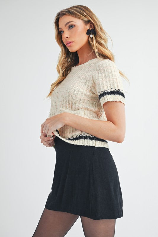 Aemi + Co Round Neck Short Sleeve Tweed Sweater