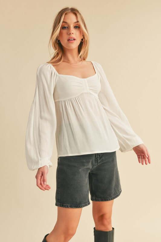 Aemi + Co Ruched Sweetheart Neck Balloon Sleeve Blouse