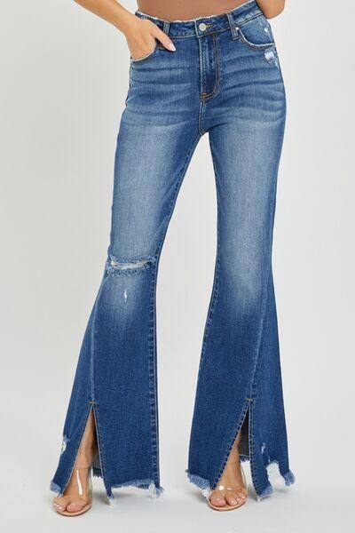 RISEN Full Size High Rise Front Slit Frayed Hem Flare Jeans - Clothes For Her Online Store