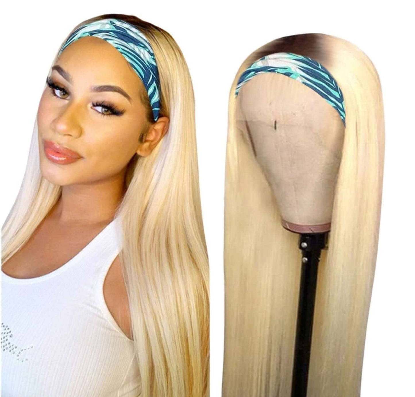 Straight 1B/613 Headband Human Hair Wigs For Black Women Blonde ScarfBrand Name: Beumax Hair Material Grade: Remy Hair Weight: 180% Density is 250g Texture: Straight Hair Human Hair Type: Brazilian Hair Cap Size: Average Size Suitable Dying Colors: All co