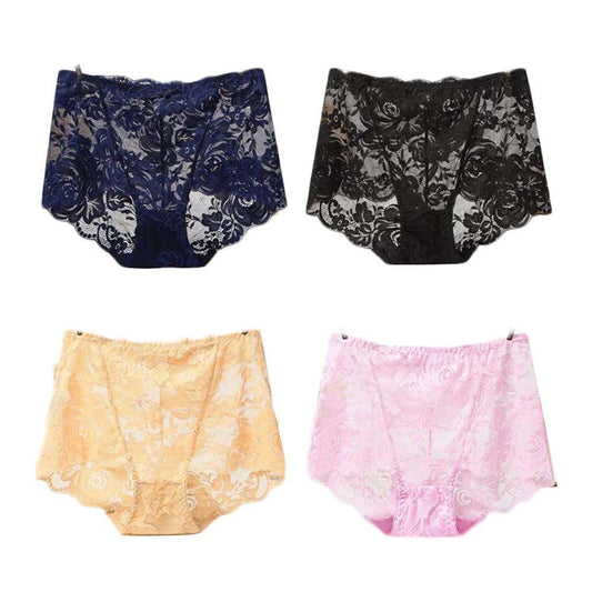 4 Pcs Womens Lace Sexy Bikini Panties Plus Size Boyshorts Panties High Waist Briefs Underwear,Black Blue Beige Pink - Clothes For Her Online Store