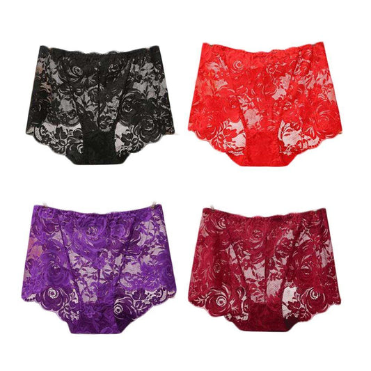 4 Pcs Womens Lace Sexy Bikini Panties Plus Size Boyshorts Panties High Waist Briefs Underwear,Black Red Purple Wine Red - Clothes For Her Online Store