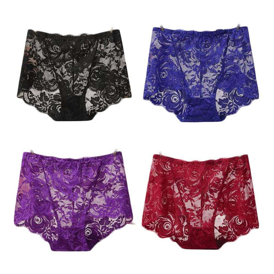 4 Pcs Womens Lace Sexy Bikini Panties Plus Size Boyshorts Panties High Waist Briefs Underwear,Blue Black Purple Wine Red - Clothes For Her Online Store