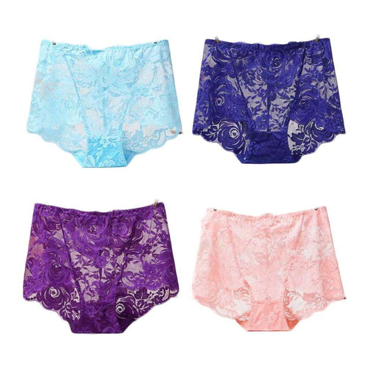 4 Pcs Womens Lace Sexy Bikini Panties Plus Size Boyshorts Panties High Waist Briefs Underwear,Blue Royal Blue Purple Pink - Clothes For Her Online Store