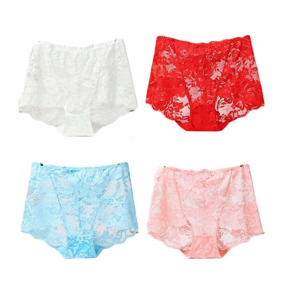 4 Pcs Womens Lace Sexy Bikini Panties Plus Size Boyshorts Panties High Waist Briefs Underwear,White Red Blue Pink - Clothes For Her Online Store