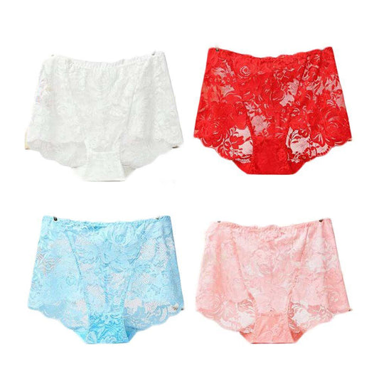 4 Pcs Womens Lace Sexy Bikini Panties Plus Size Boyshorts Panties High Waist Briefs Underwear,White Red Blue Pink - Clothes For Her Online Store
