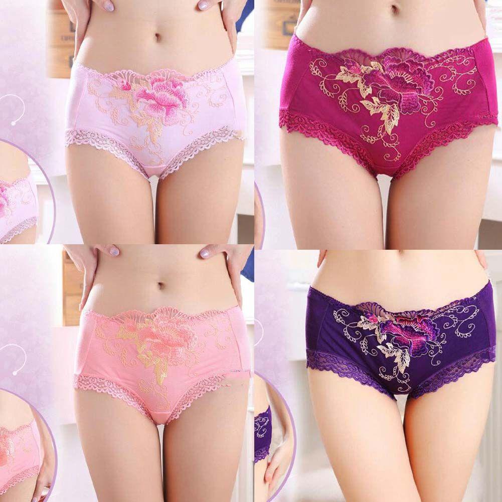 4 Pcs Womens Lace Stretch Sexy Bikini Panties Peony Embroidery Full Briefs Underwear,Purple Fuchsia Rose Red Pink - Clothes For Her Online Store