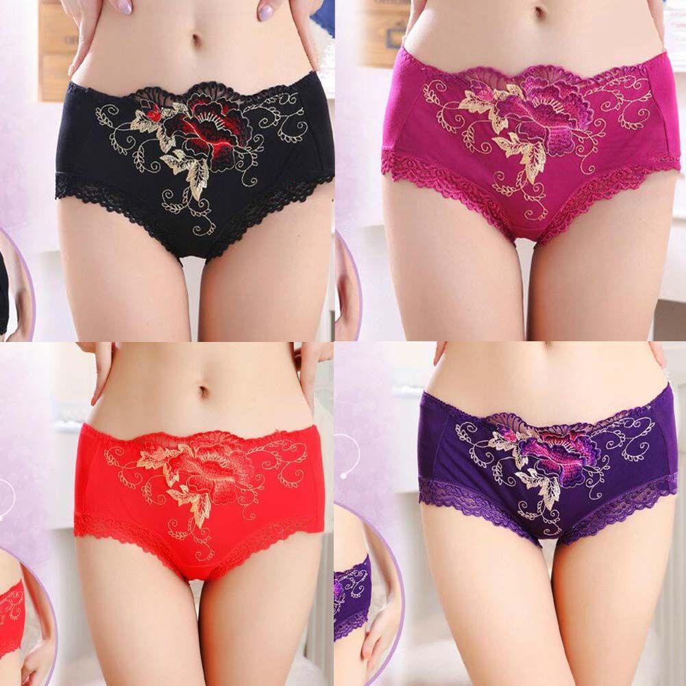 4 Pcs Womens Lace Stretch Sexy Bikini Panties Peony Embroidery Full Briefs Underwear,Red Black Purple Fuchsia - Clothes For Her Online Store