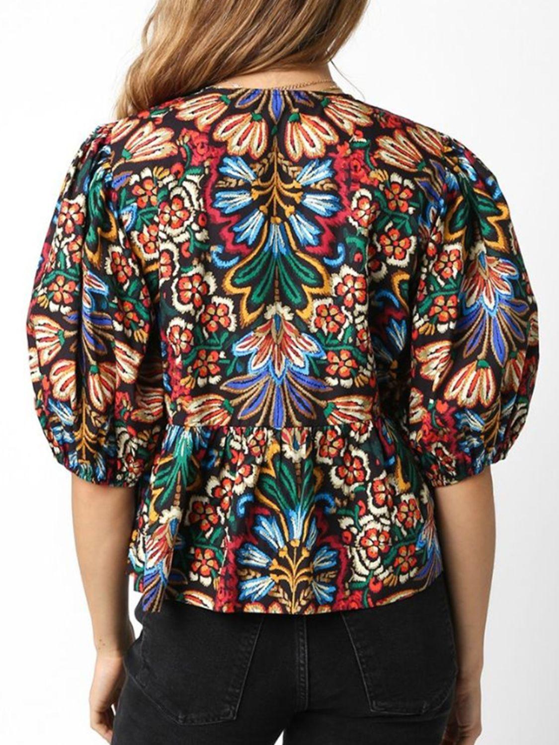 Tropical Print Puff Sleeve Knot Front Blouse