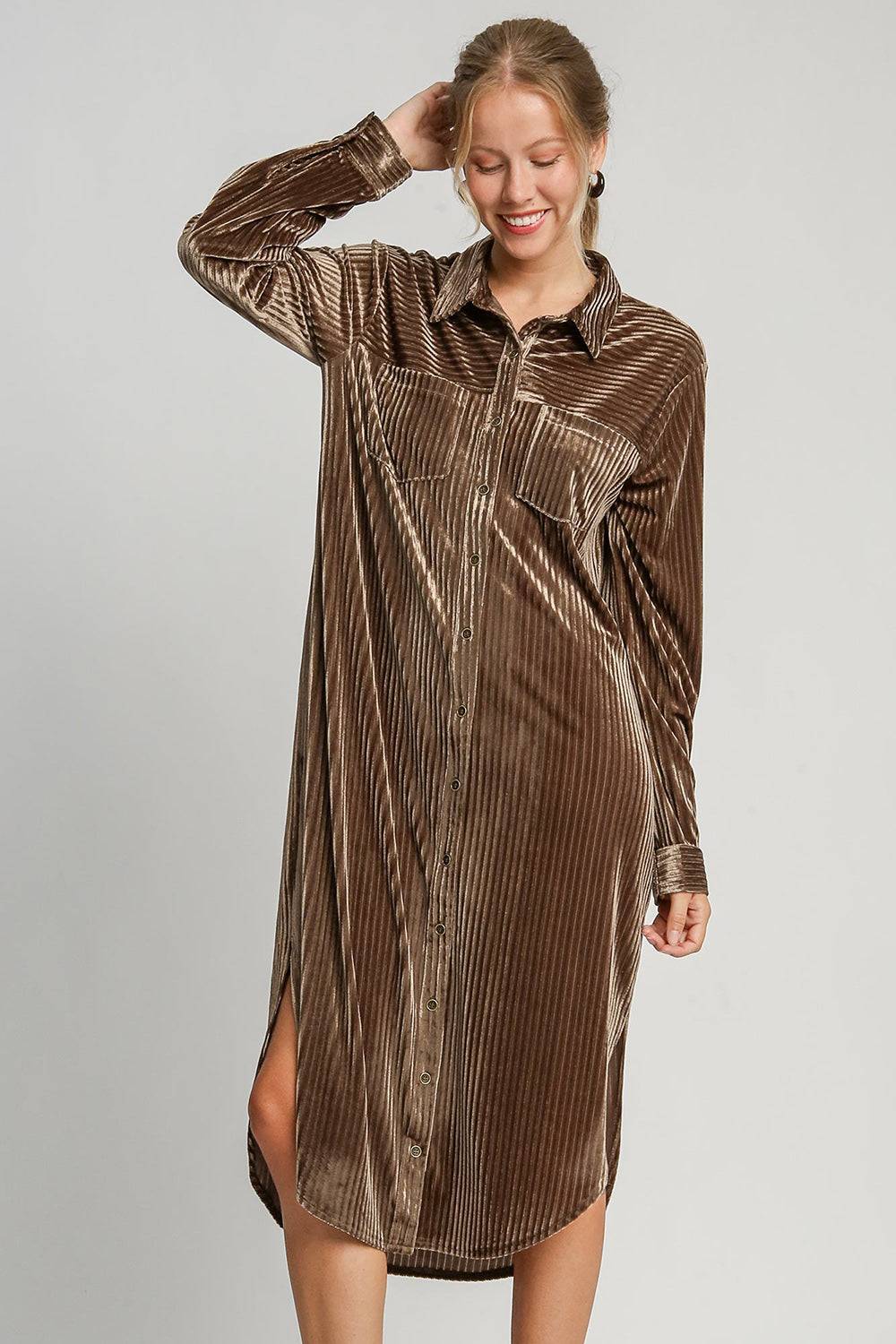 Umgee Texture Curved Hem Button Down Shirt Dress - Clothes For Her Online Store