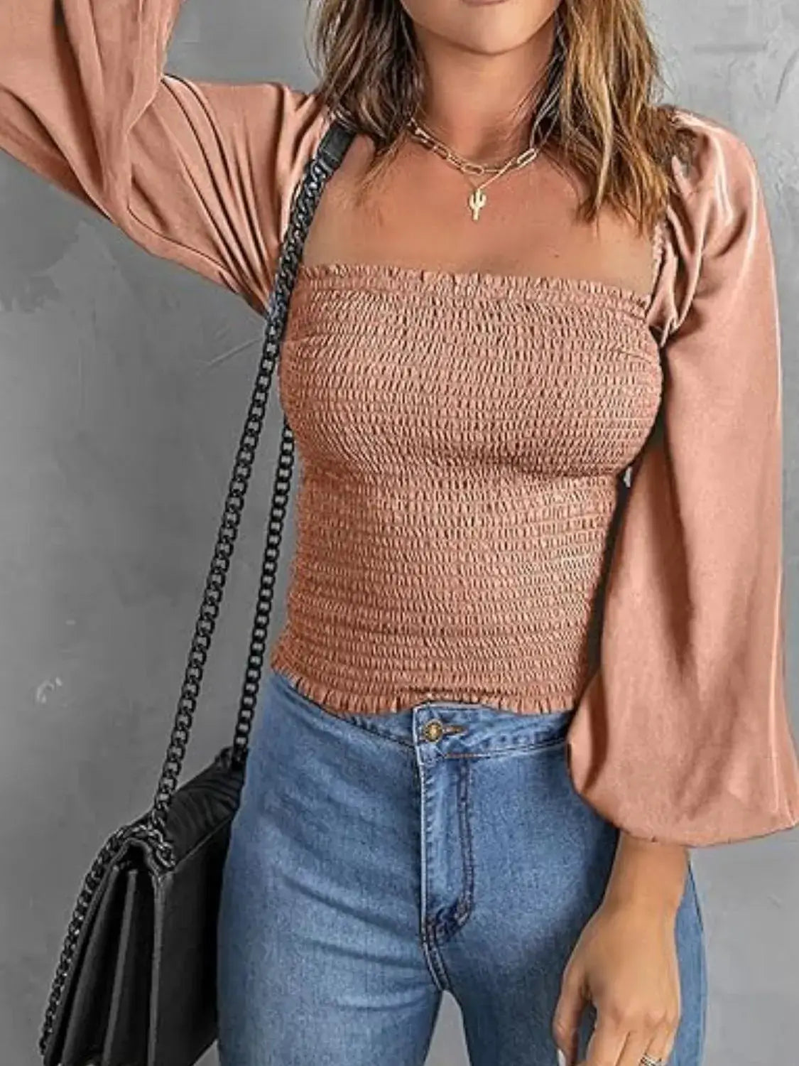 Smocked Square Neck Balloon Sleeve Blouse
