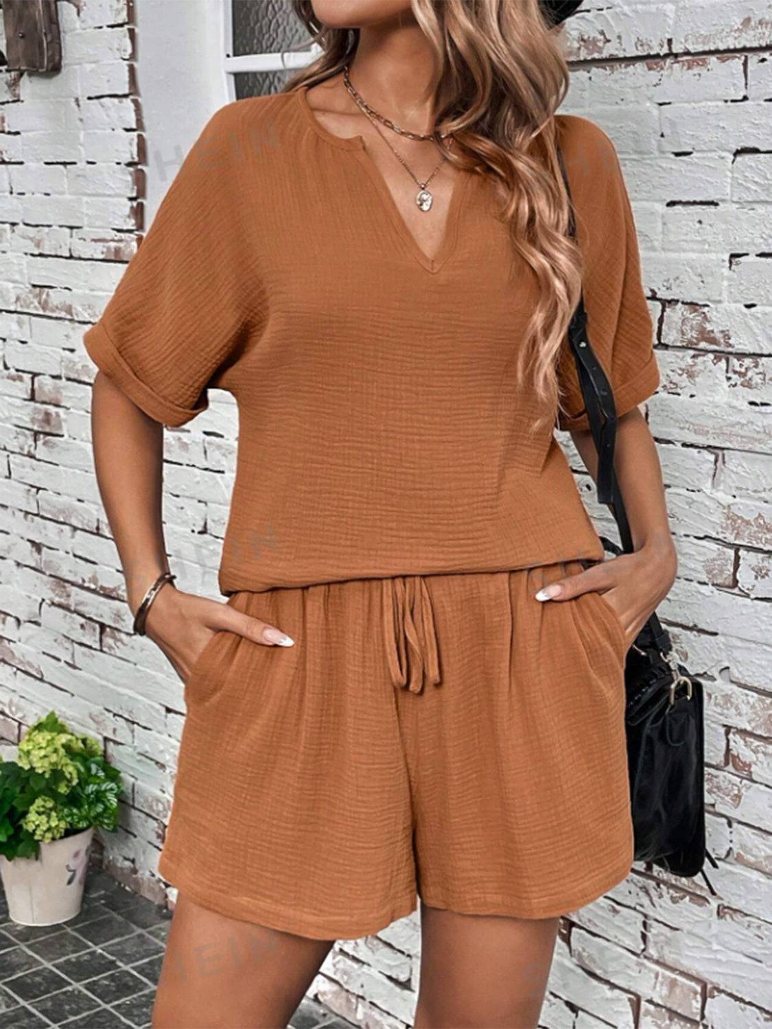 Notched Half Sleeve Top and Shorts Set - Clothes For Her Online Store