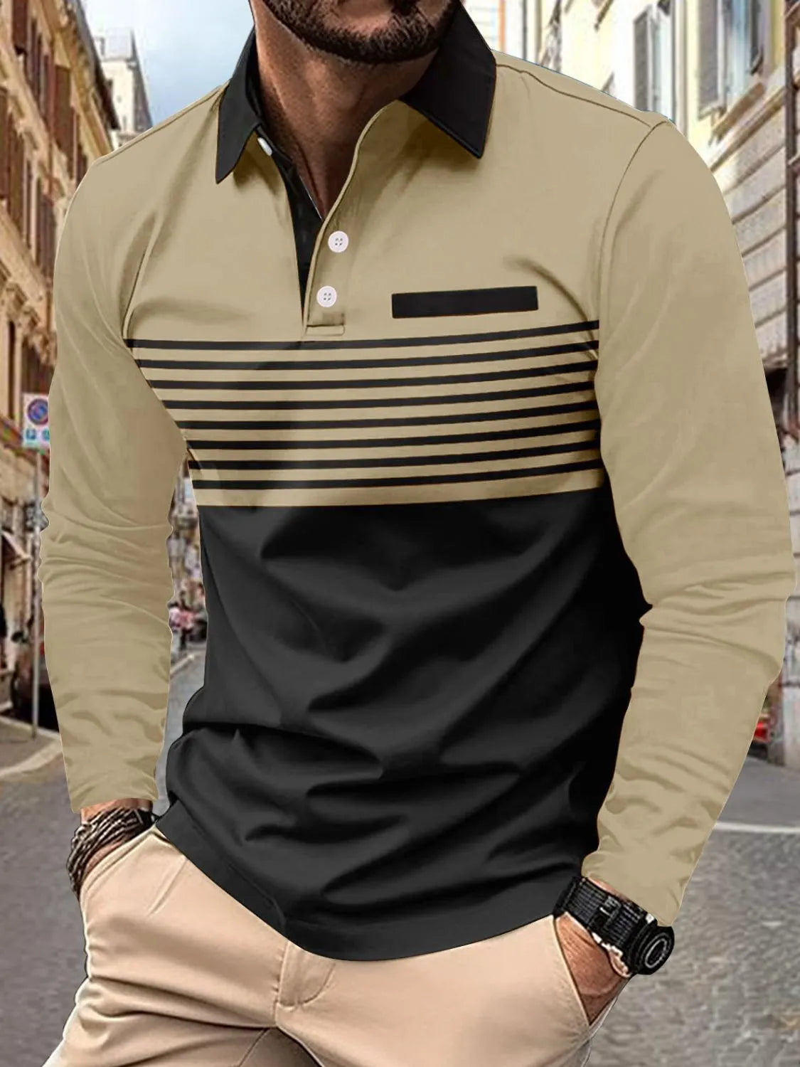 Men's Full Size Collared Neck Long Sleeve Striped Polo Plus Size