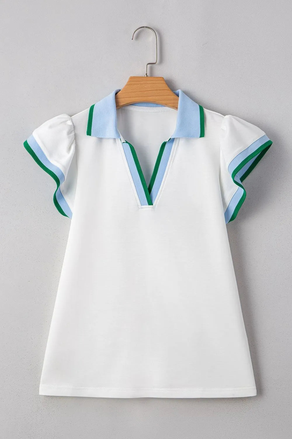 Contrast Ruffled Sleeve Collared V Neck Blouse