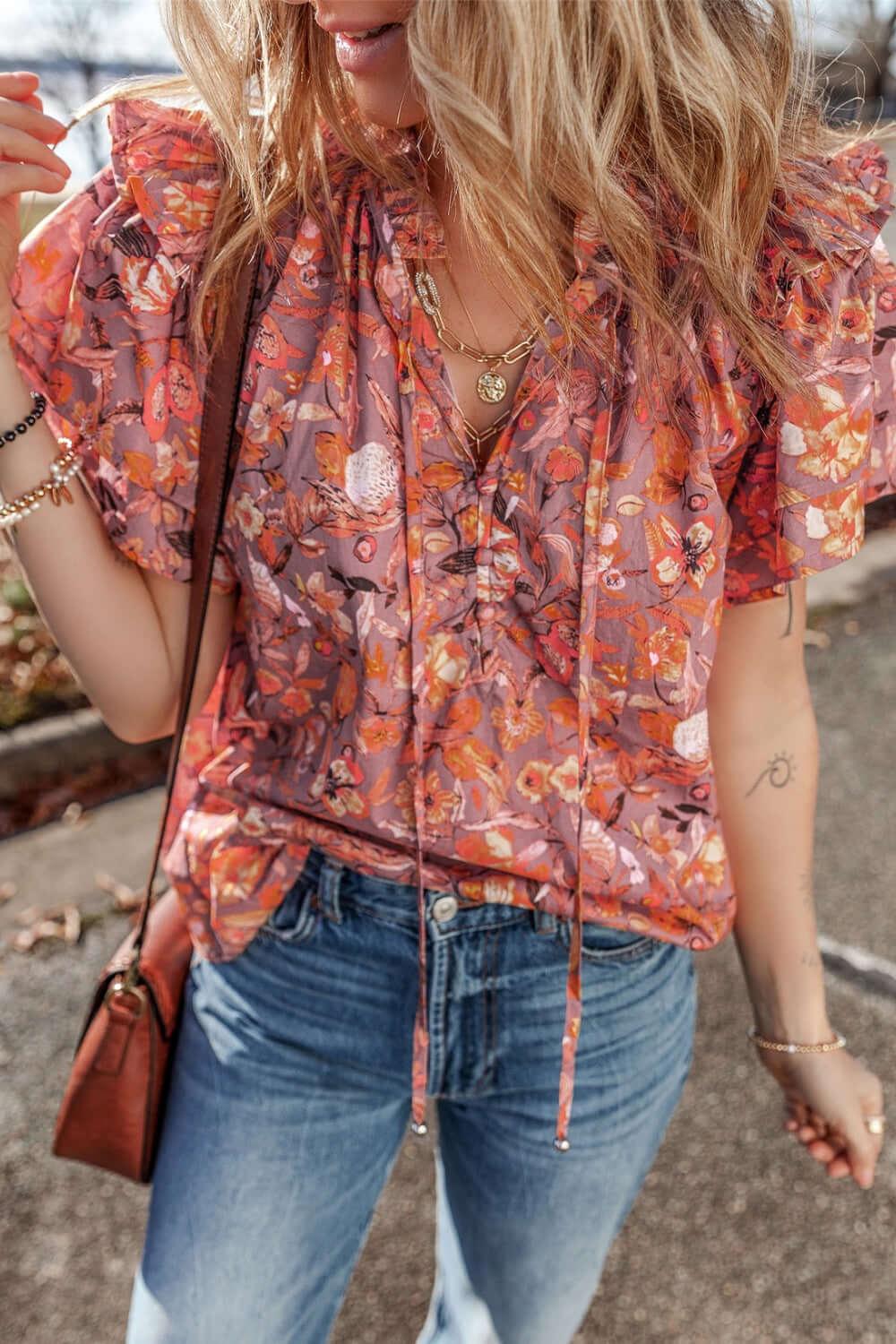 Floral Ruffled Layered Short Sleeve Tie Neck Blouse