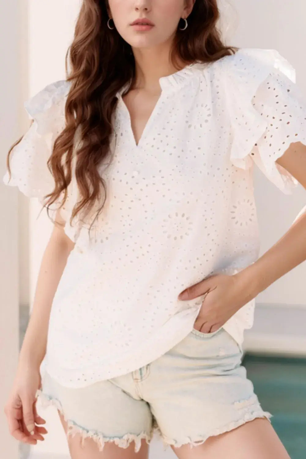 Eyelet Notched Short Sleeve Blouse