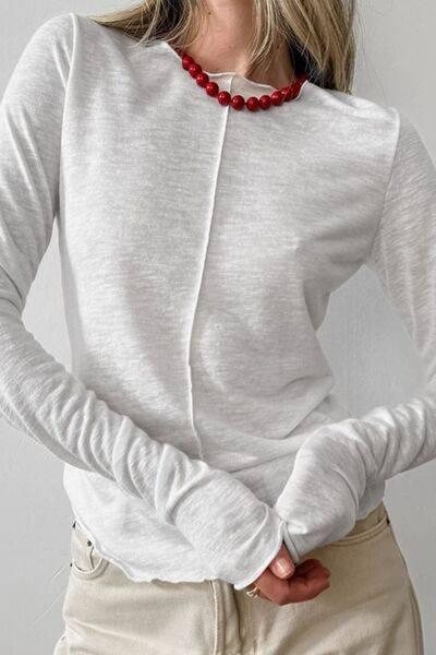 Lettuce Hem Round Neck Long Sleeve T-Shirt