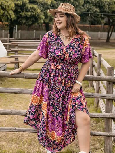 Plus Size Printed V-Neck Flutter Sleeve Midi Dress