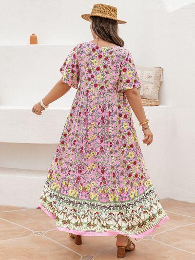 Plus Size Floral Tie Neck Flutter Sleeve Maxi Dress