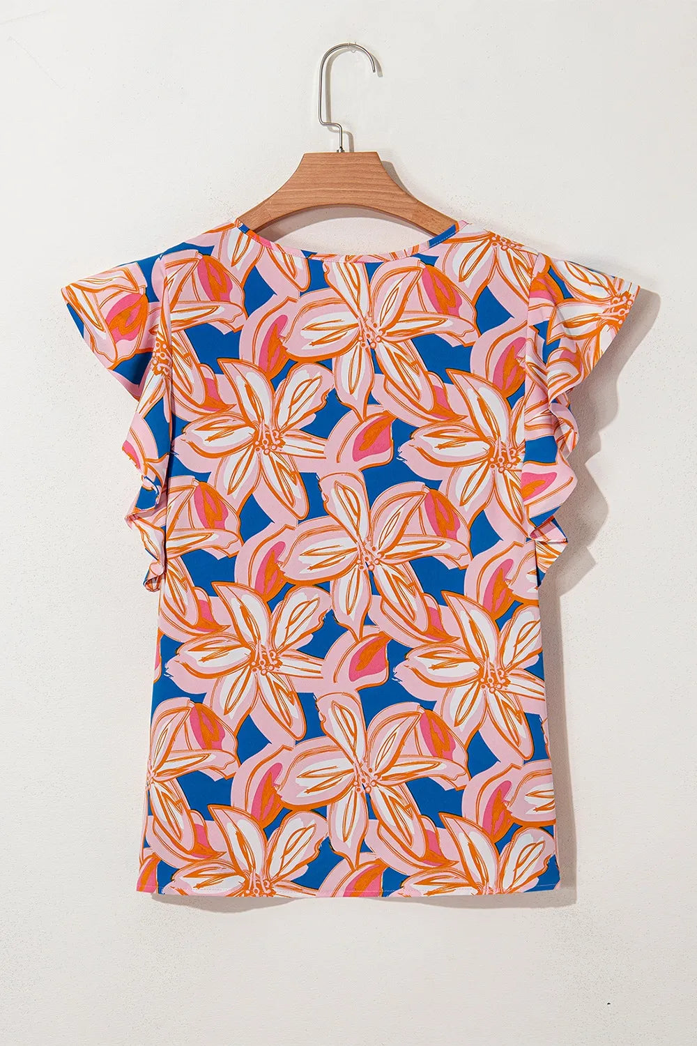 Flower Print Notched Neck Ruffle Sleeve Blouse