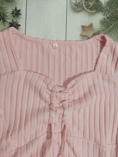 Drawstring Ruched Long Sleeve Ribbed Top - Clothes For Her Online Store