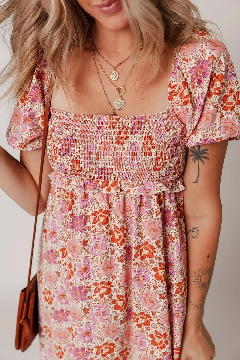 Floral Square Neck Knotted Ruffle Midi Dress - Clothes For Her Online Store