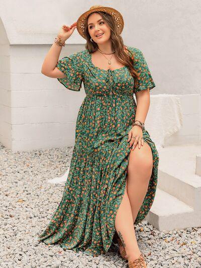 Plus Size Printed Short Sleeve Tiered Maxi Dress