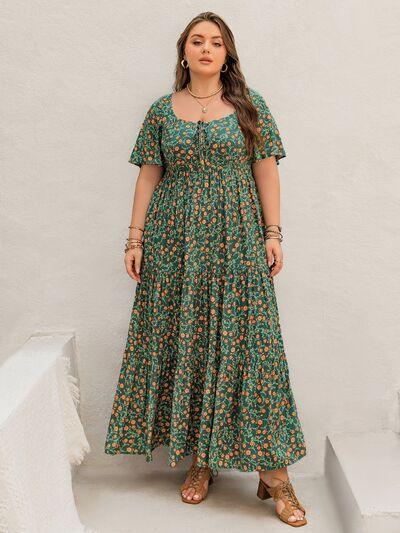 Plus Size Printed Short Sleeve Tiered Maxi Dress