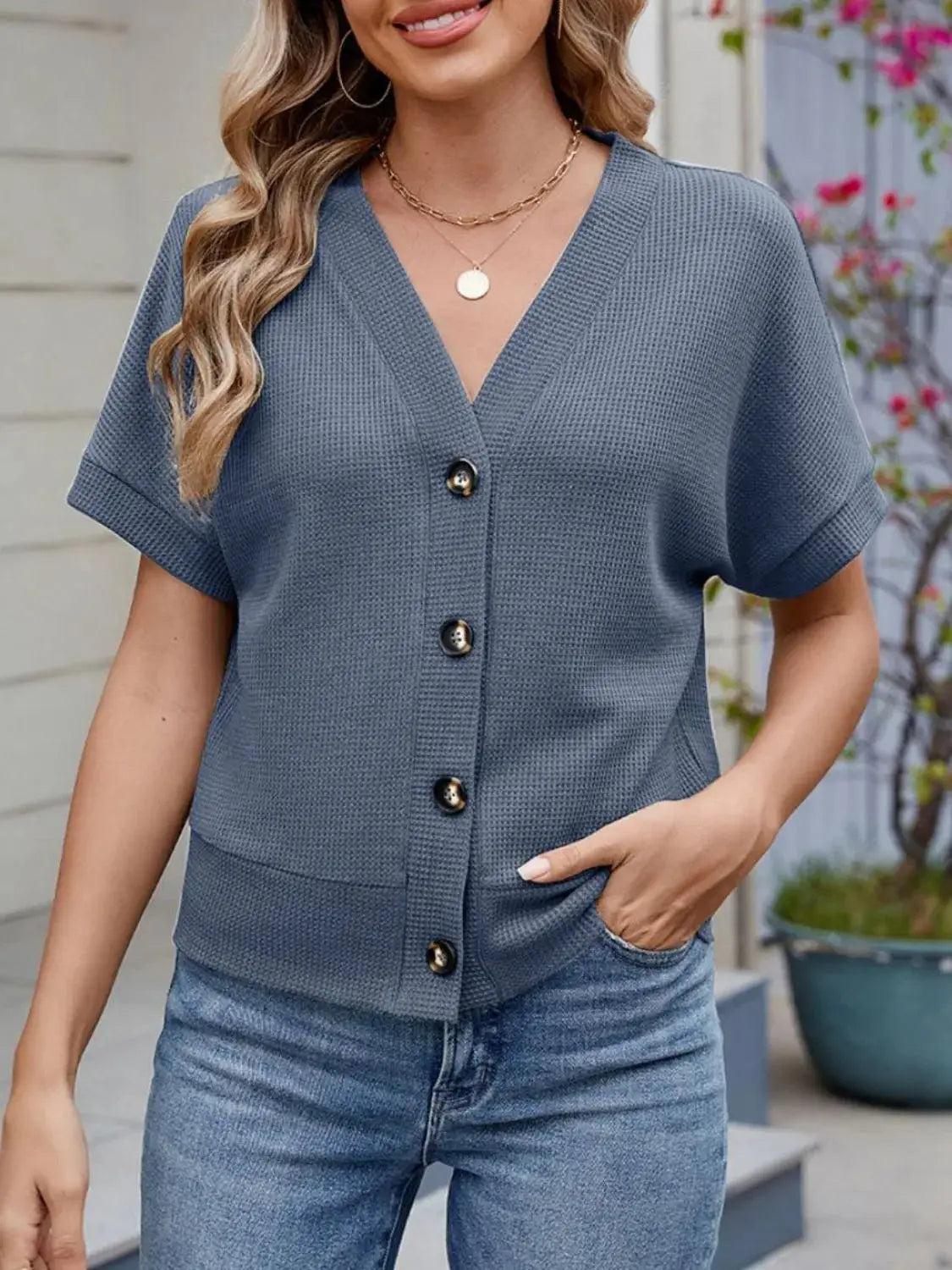 Waffle Knit Button Down Short Sleeve Top - Clothes For Her Online Store